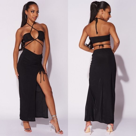 Dresses & Skirts - Black Sleeveless Halter Neck Crop Top and High Waist Maxi Skirt Two Piece Set